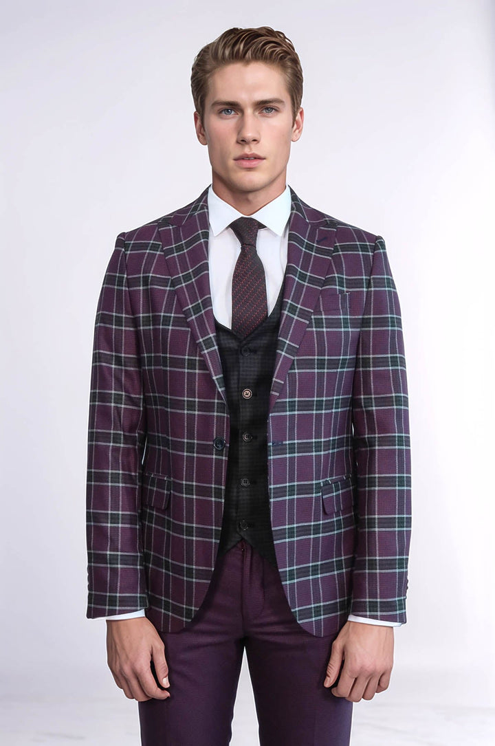 WSS Slim Fit Patterned Checked Burgundy Men Suit  - Pryluky