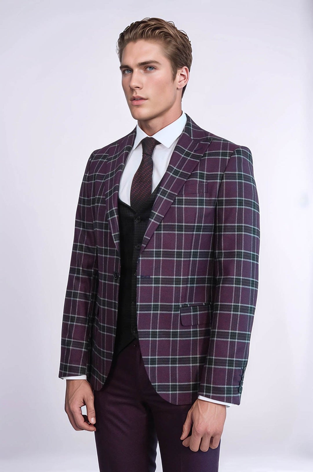 WSS Slim Fit Patterned Checked Burgundy Men Suit  - Pryluky