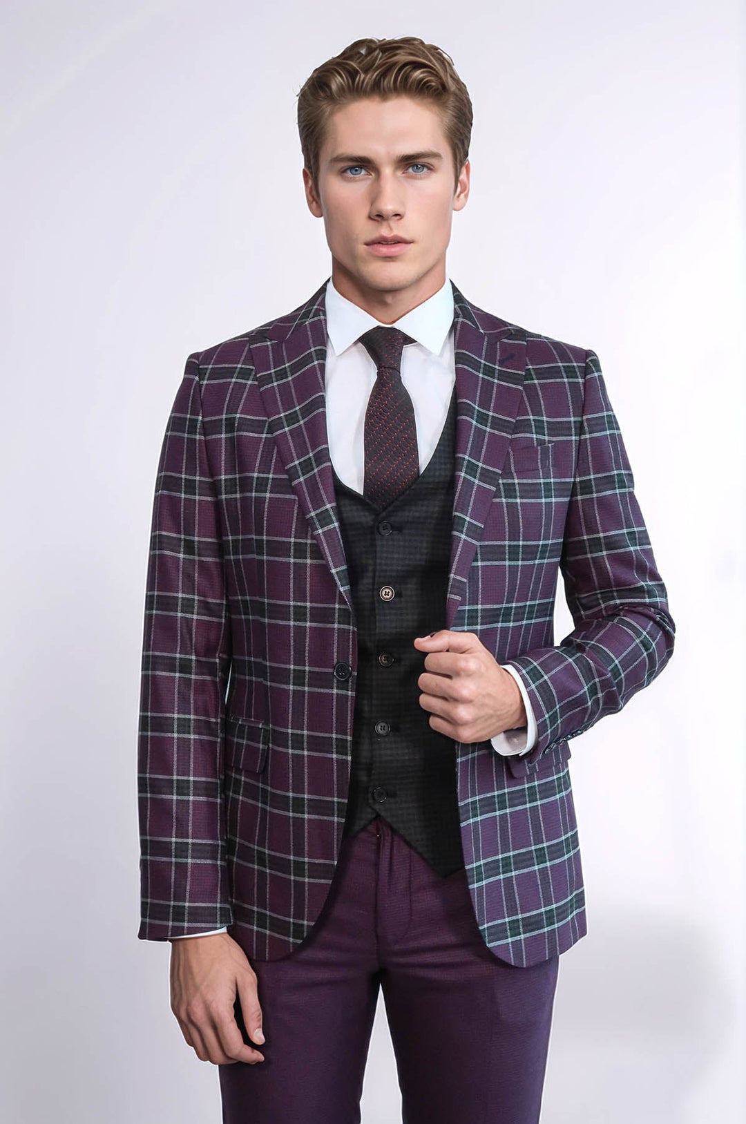 WSS Slim Fit Patterned Checked Burgundy Men Suit  - Pryluky