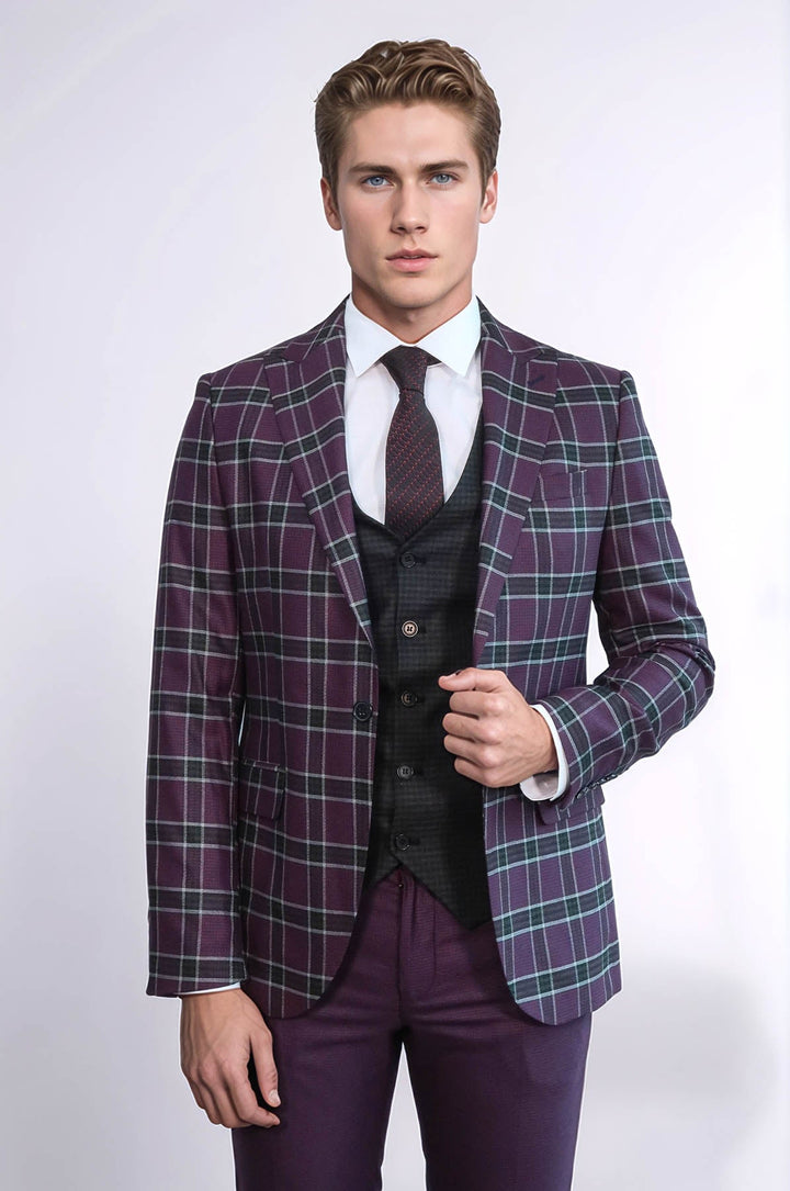 WSS Slim Fit Patterned Checked Burgundy Men Suit  - Pryluky