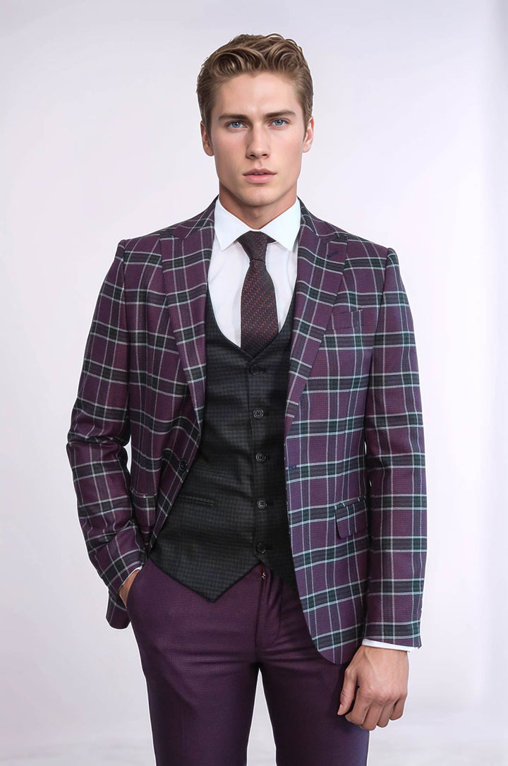 WSS Slim Fit Patterned Checked Burgundy Men Suit  - Pryluky