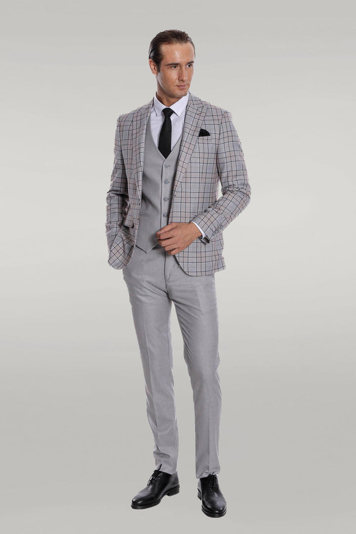 WSS Checked Slim Fit Light Grey Men Suit  - Singen