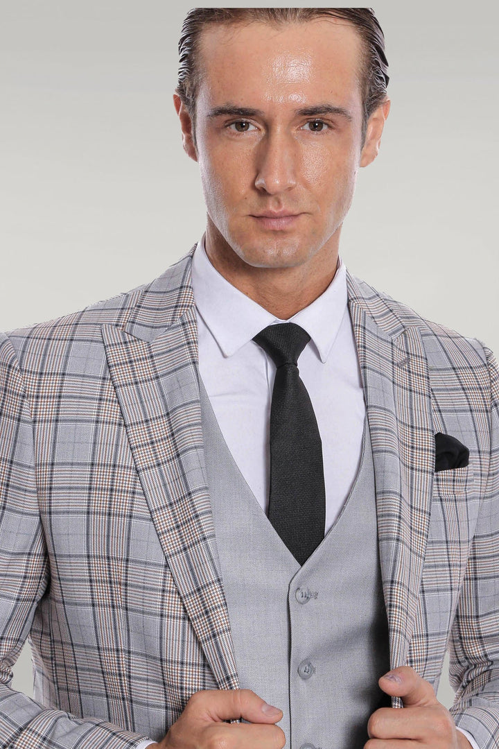 WSS Checked Slim Fit Light Grey Men Suit  - Singen