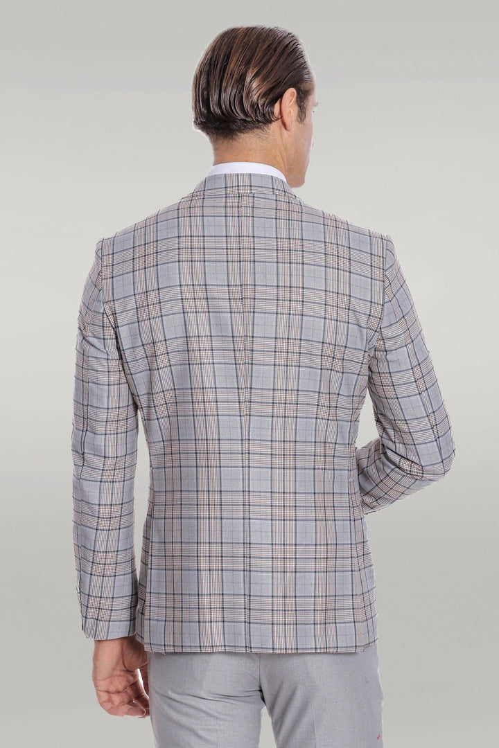 WSS Checked Slim Fit Light Grey Men Suit  - Singen