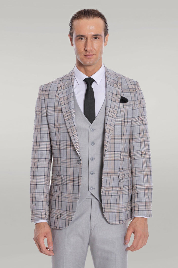 WSS Checked Slim Fit Light Grey Men Suit  - Singen