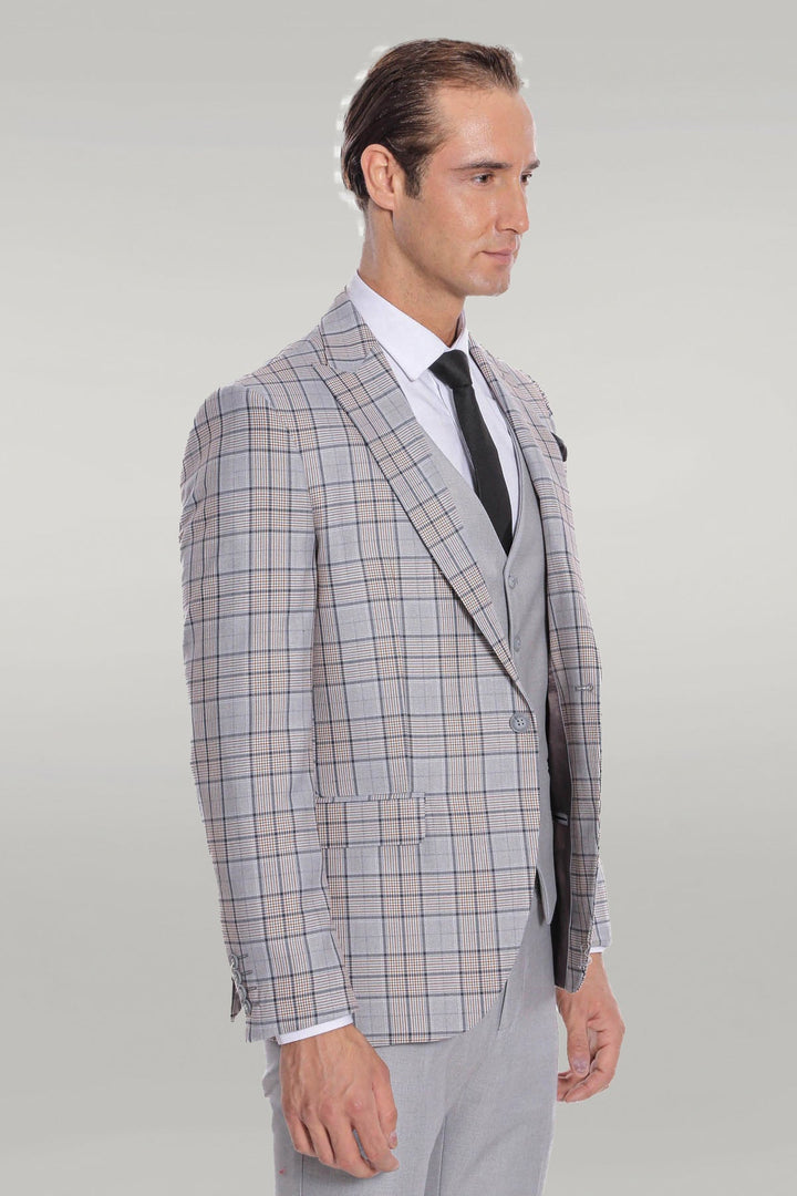 WSS Checked Slim Fit Light Grey Men Suit  - Singen