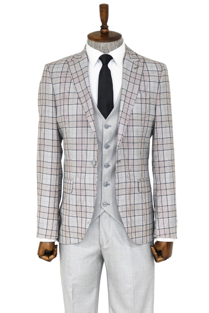 WSS Checked Slim Fit Light Grey Men Suit and Shirt Combination  - Waterford
