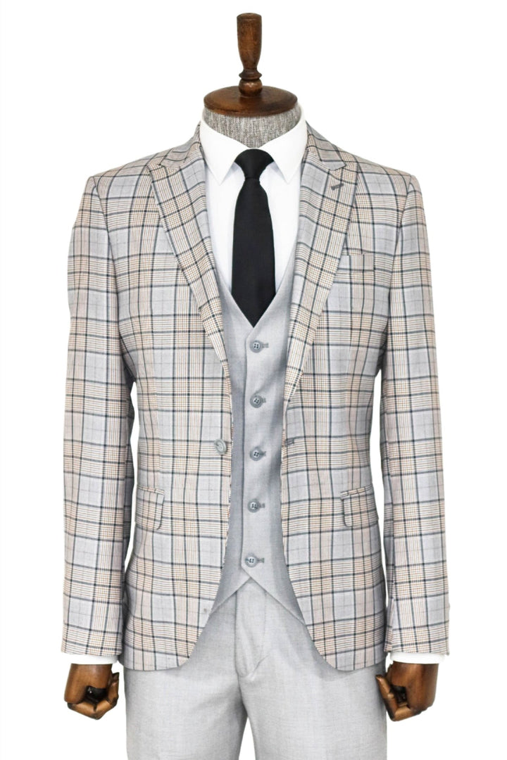 WSS Checked Slim Fit Light Grey Men Suit and Shirt Combination  - Waterford