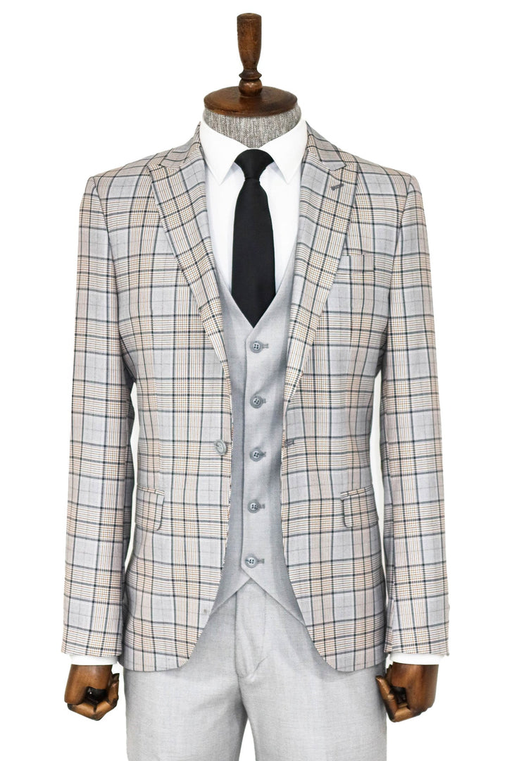 WSS Checked Slim Fit Light Grey Men Suit and Shirt Combination  - Waterford