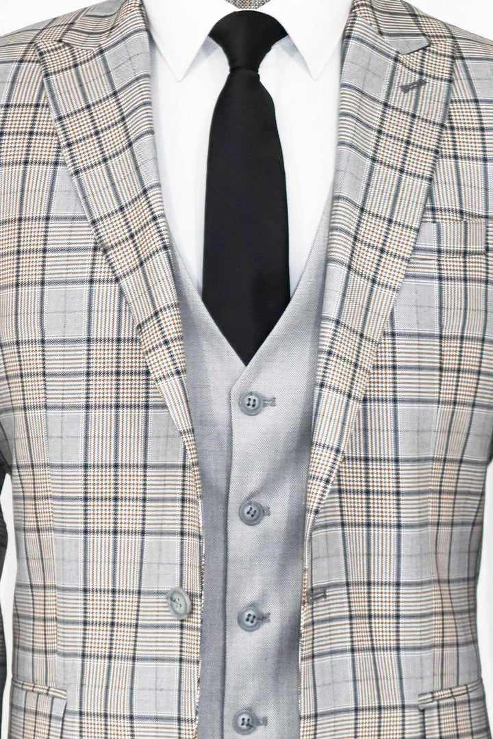 WSS Checked Slim Fit Light Grey Men Suit and Shirt Combination  - Waterford
