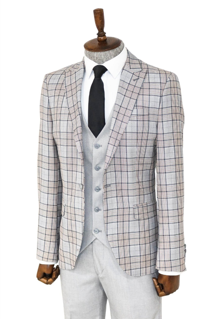 WSS Checked Slim Fit Light Grey Men Suit and Shirt Combination  - Waterford