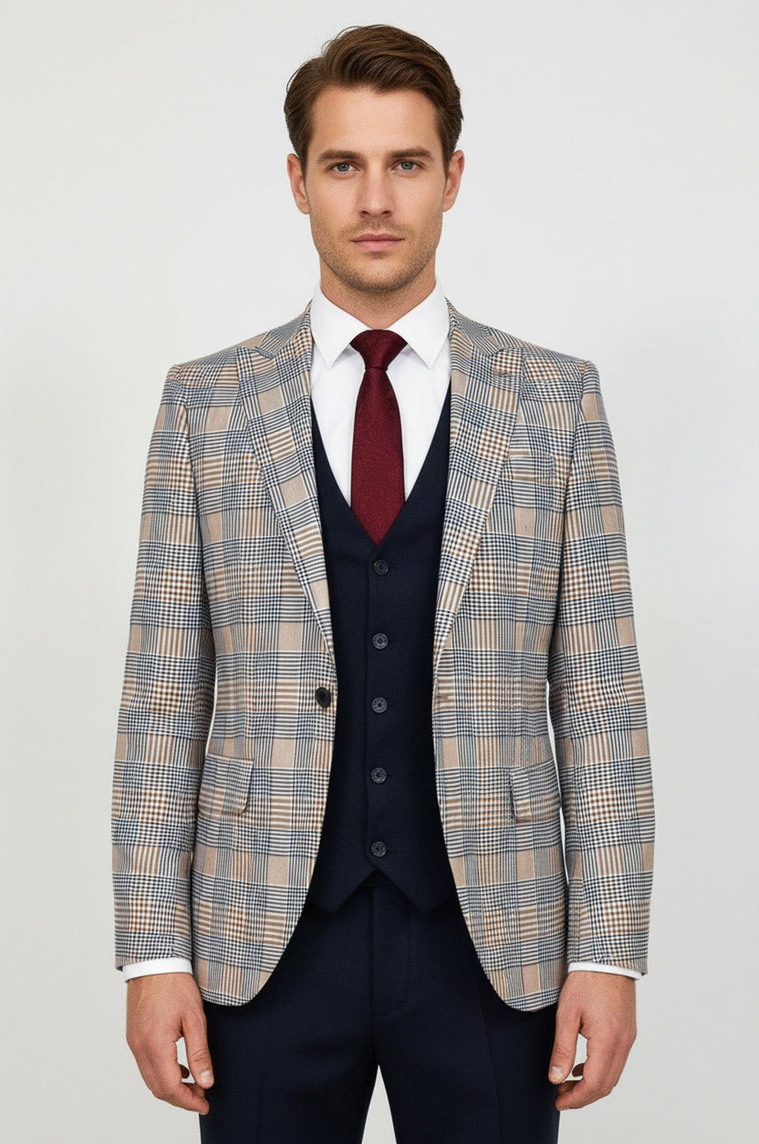 WSS Checked Slim Fit Brown Men Suit  - Maple Grove