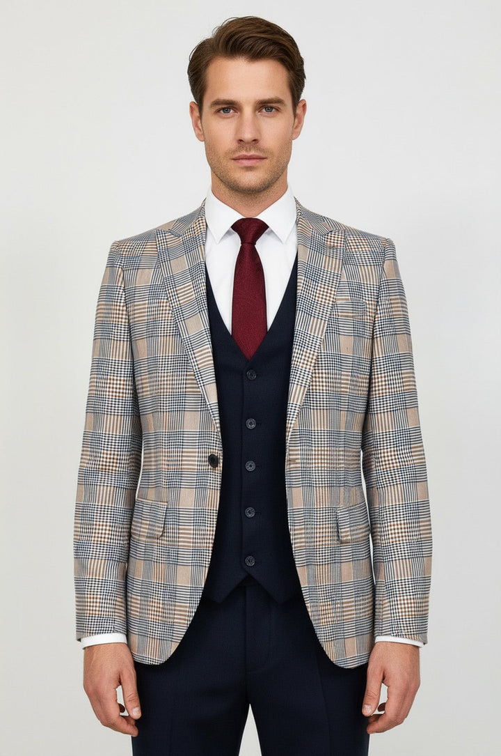 WSS Checked Slim Fit Brown Men Suit  - Maple Grove