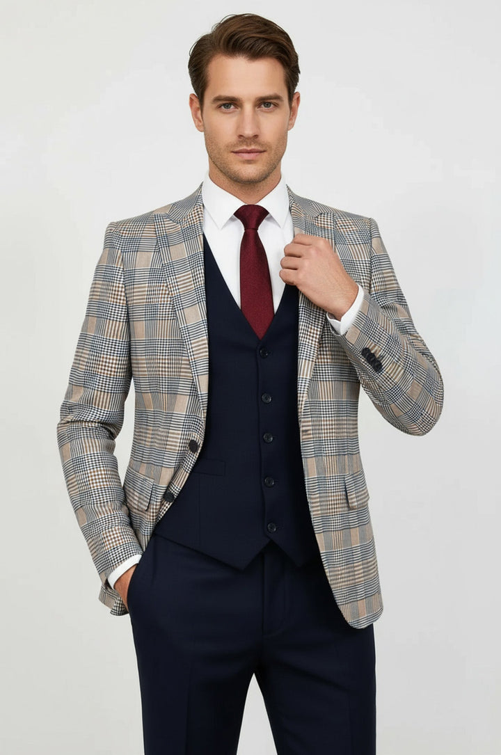 WSS Checked Slim Fit Brown Men Suit  - Maple Grove