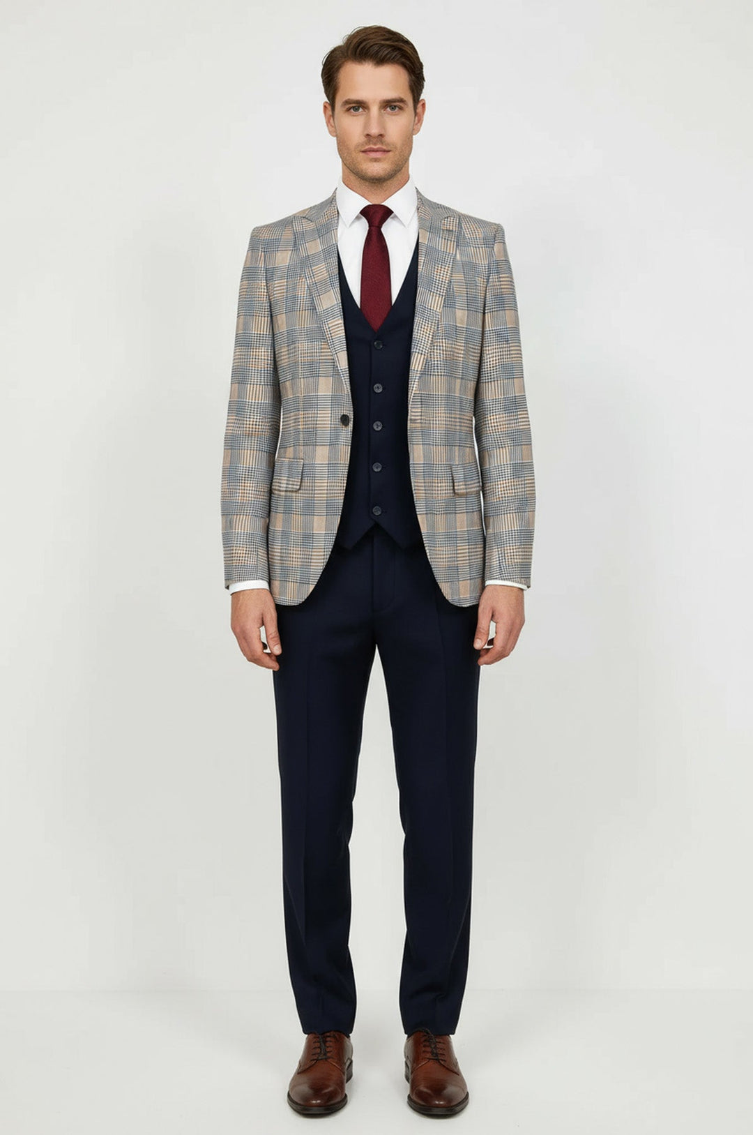 WSS Checked Slim Fit Brown Men Suit  - Maple Grove