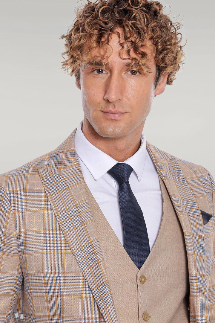 WSS Checked Slim Fit Beige Men Suit  - Wunstorf