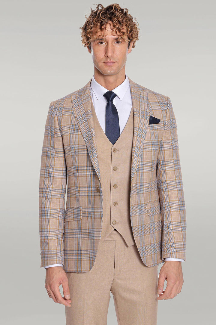 WSS Checked Slim Fit Beige Men Suit  - Wunstorf