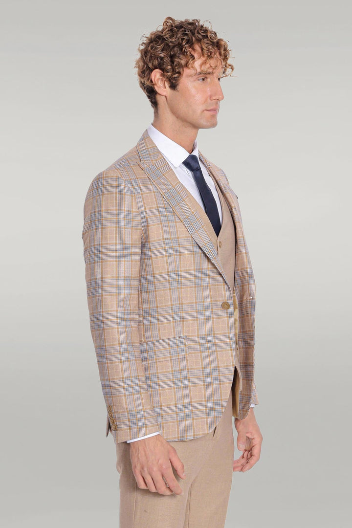 WSS Checked Slim Fit Beige Men Suit  - Wunstorf