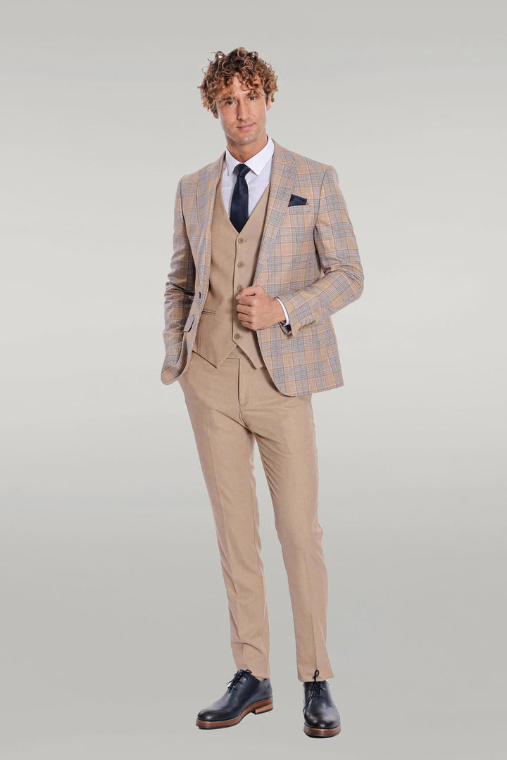 WSS Checked Slim Fit Beige Men Suit  - Wunstorf