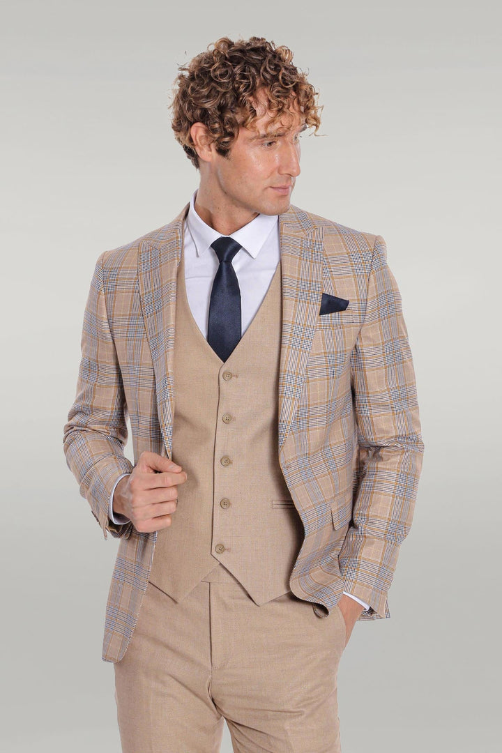 WSS Checked Slim Fit Beige Men Suit  - Wunstorf
