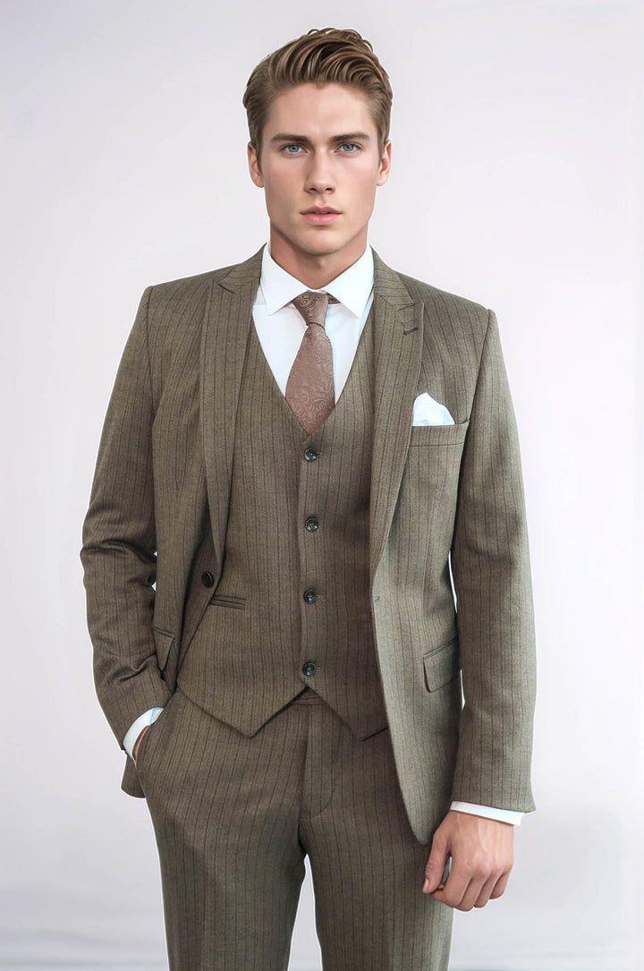 WSS Striped Slim Fit Brown Men Suit  - Cremona