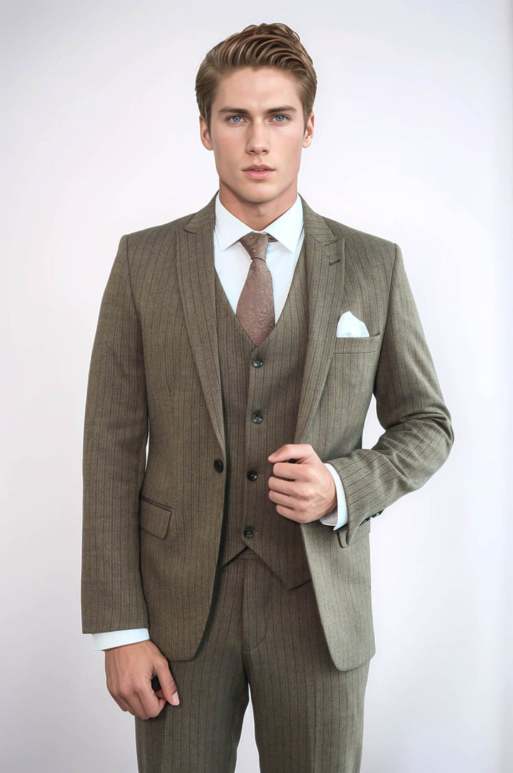 WSS Striped Slim Fit Brown Men Suit  - Cremona