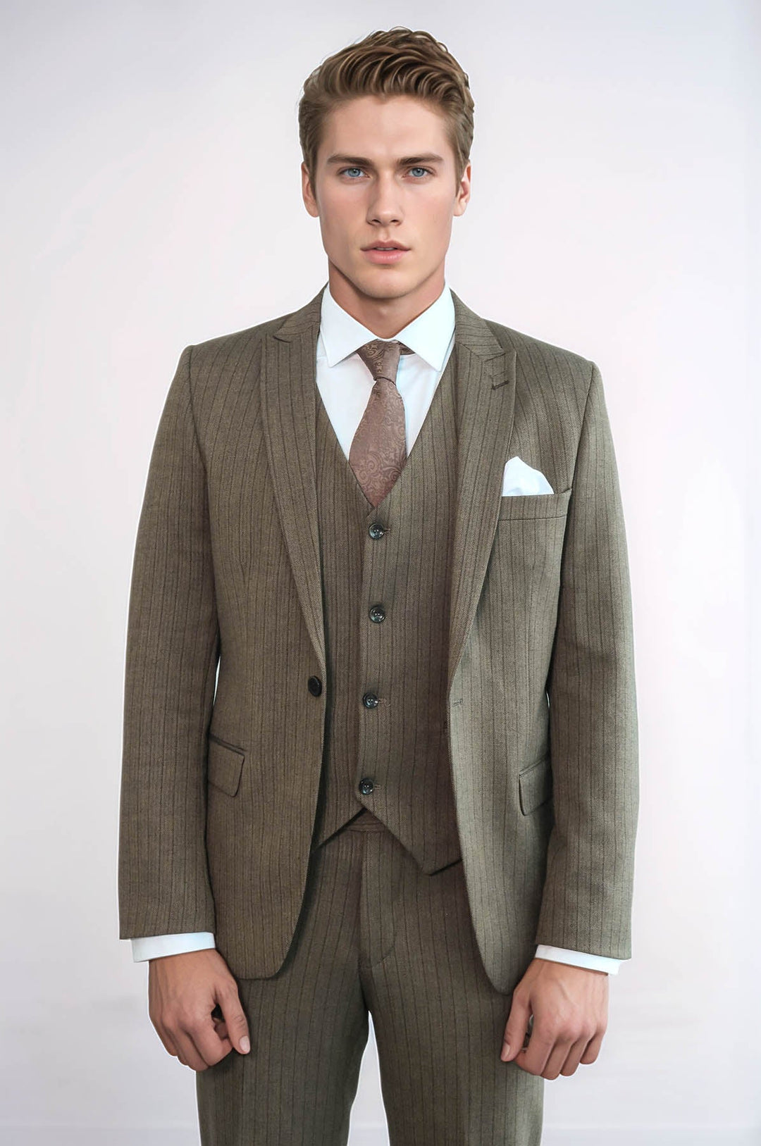WSS Striped Slim Fit Brown Men Suit  - Cremona