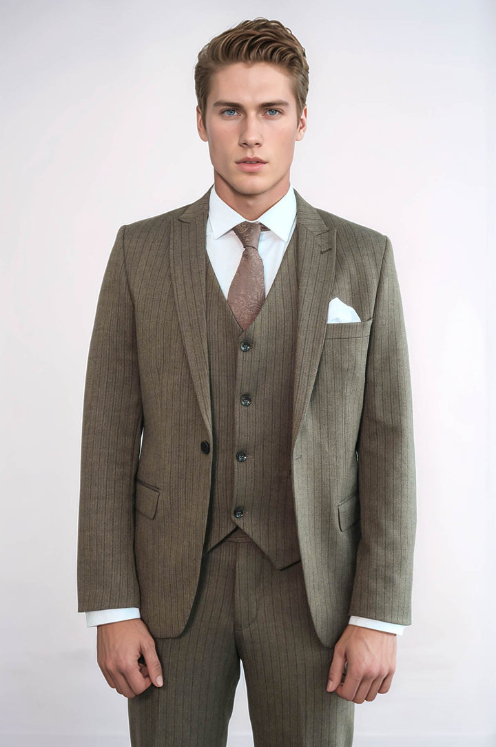 WSS Striped Slim Fit Brown Men Suit  - Cremona