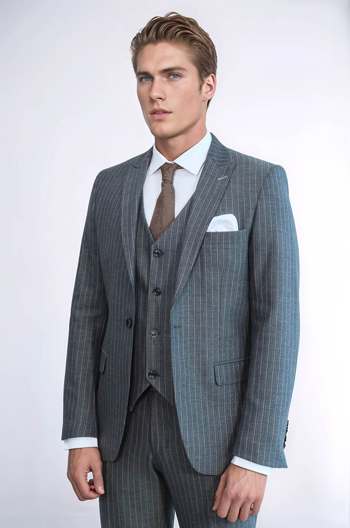 WSS Striped Slim Fit Antracite Men Suit  - Yevpatoriia