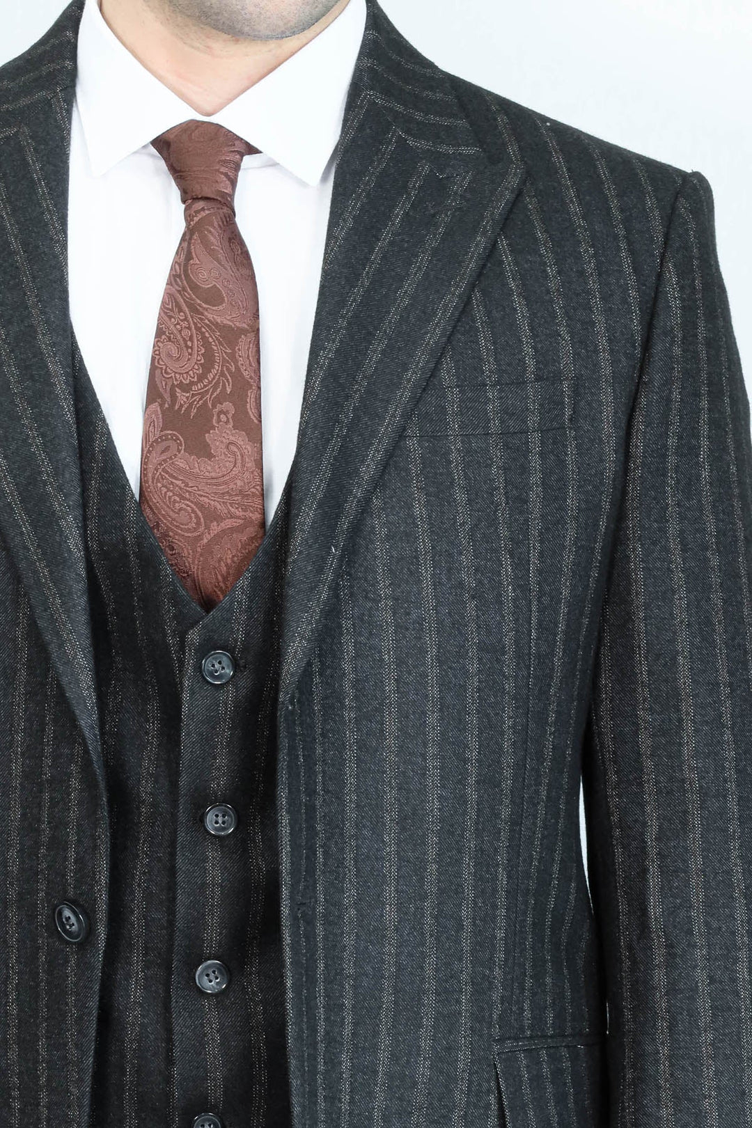 WSS Striped Black Slim-Fit Vested Men's Suit  - Smyrna