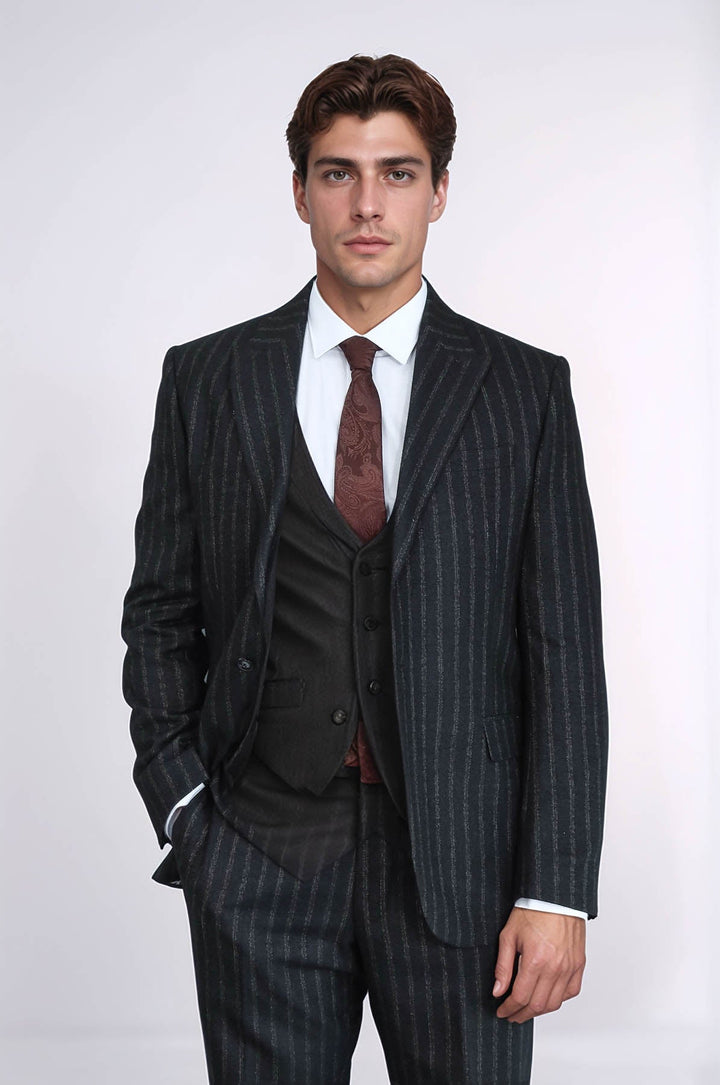 WSS Striped Black Slim-Fit Vested Men's Suit  - Smyrna