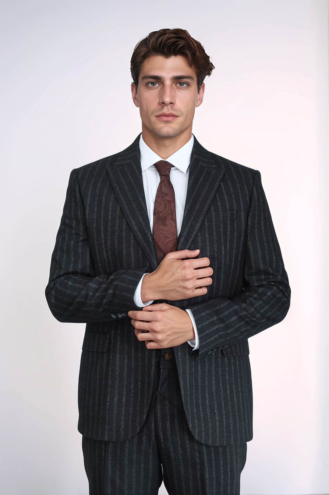 WSS Striped Black Slim-Fit Vested Men's Suit  - Smyrna