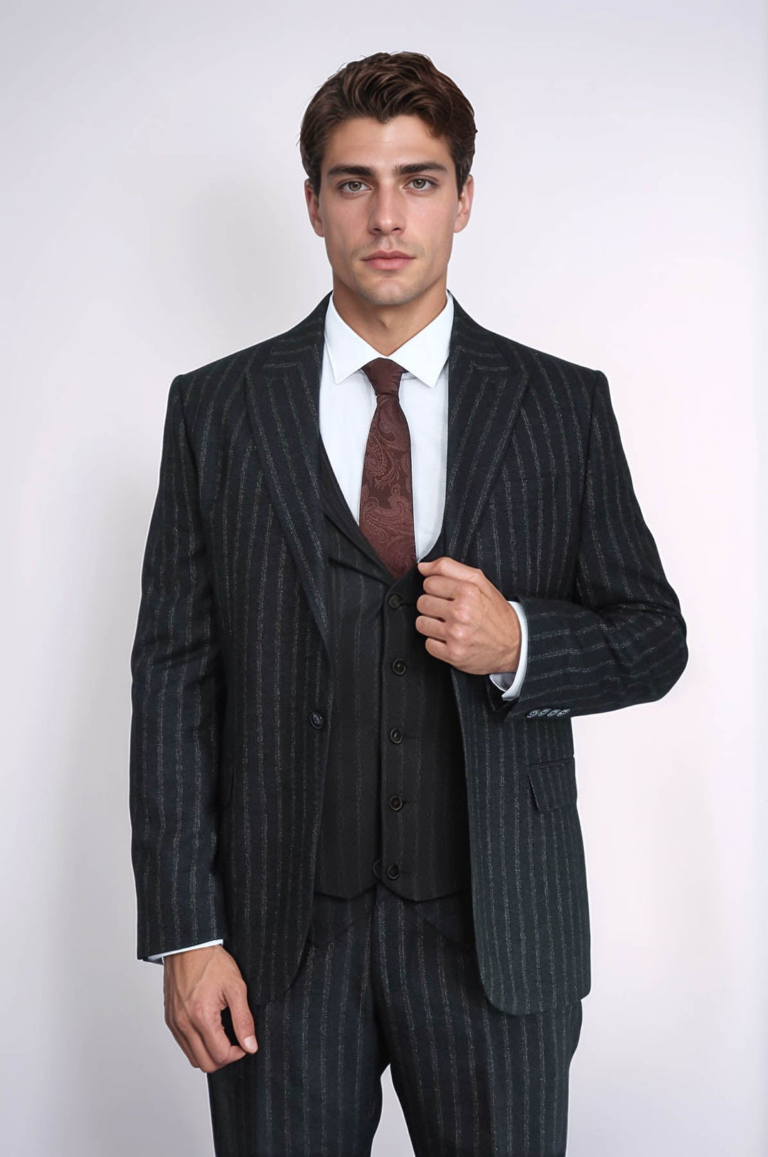 WSS Striped Black Slim-Fit Vested Men's Suit  - Smyrna