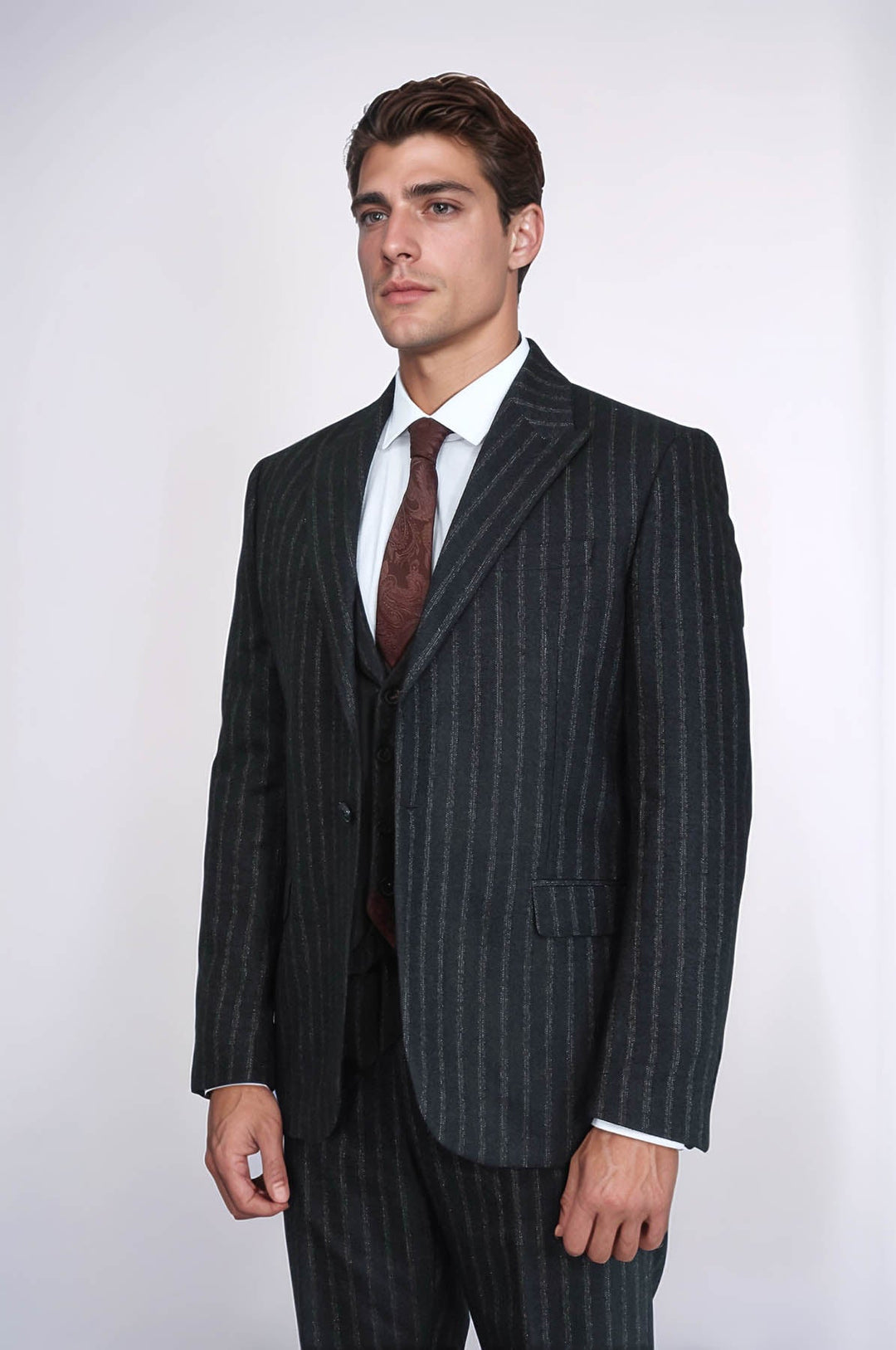 WSS Striped Black Slim-Fit Vested Men's Suit  - Smyrna