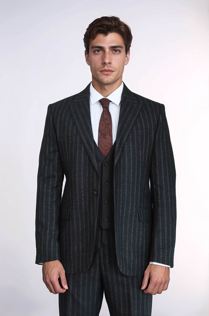 WSS Striped Black Slim-Fit Vested Men's Suit  - Smyrna