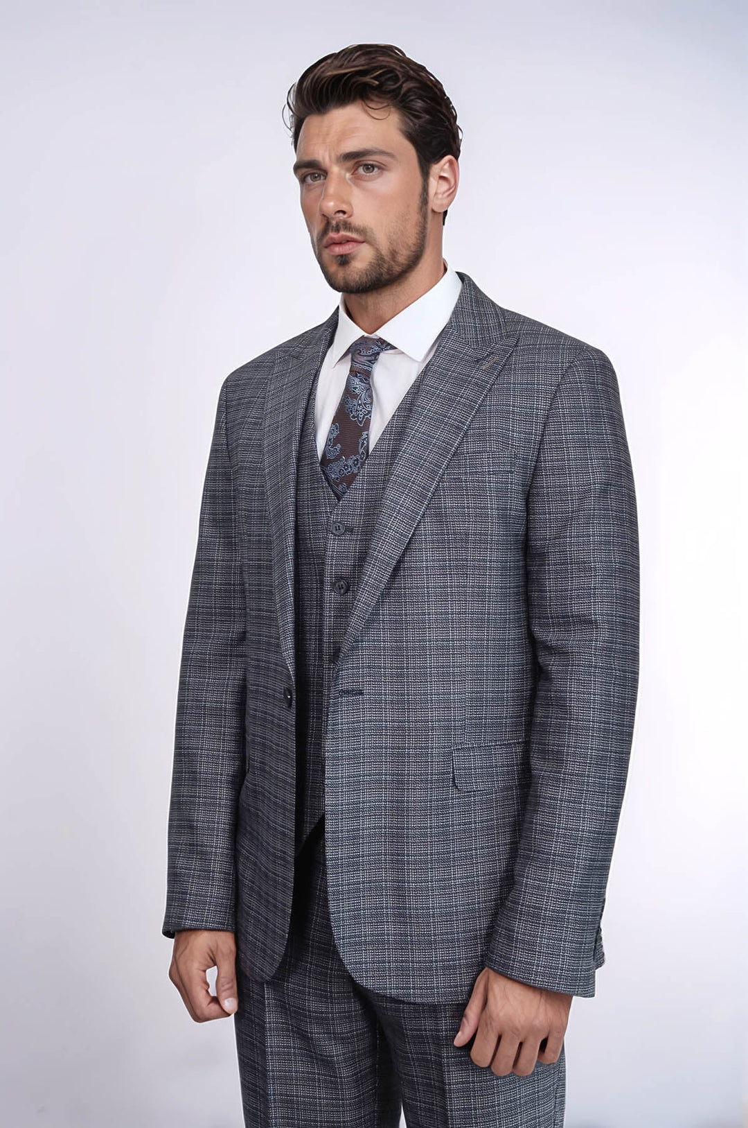 WSS Patterned Vested Slim-Fit Navy Blue Men Suit  - Monclova