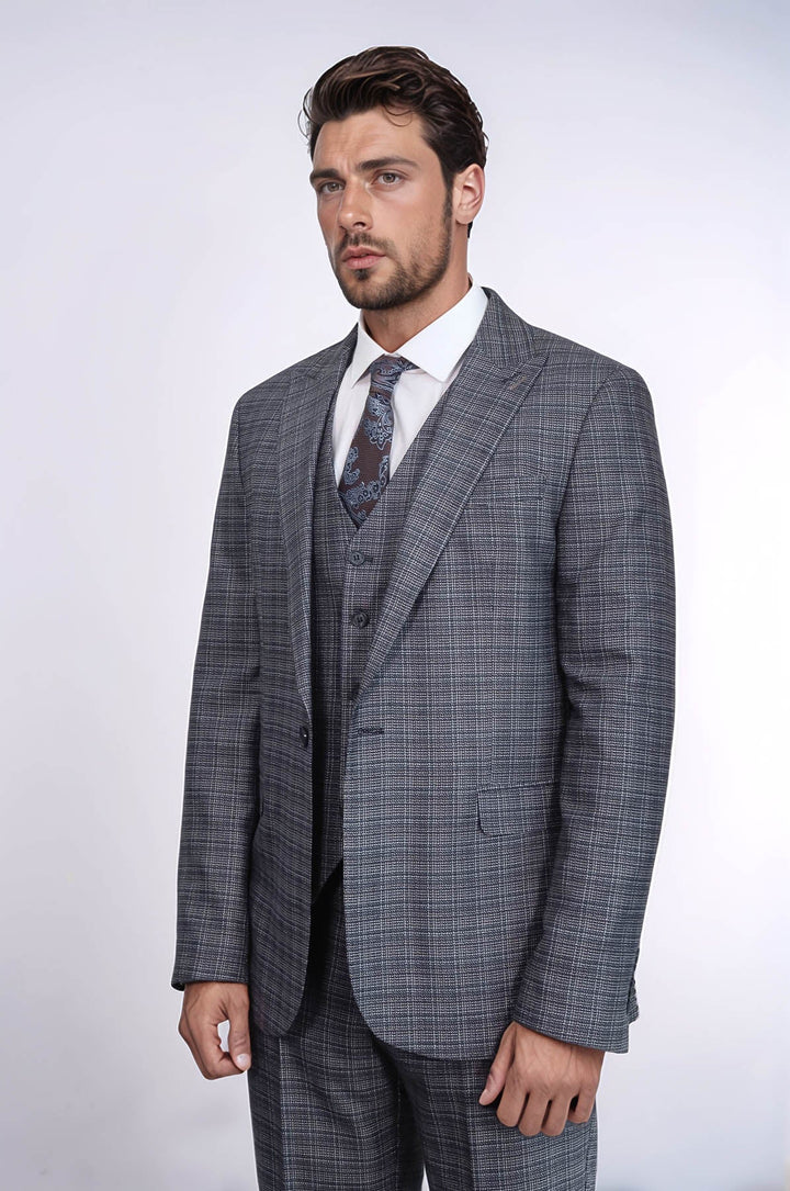 WSS Patterned Vested Slim-Fit Navy Blue Men Suit  - Monclova