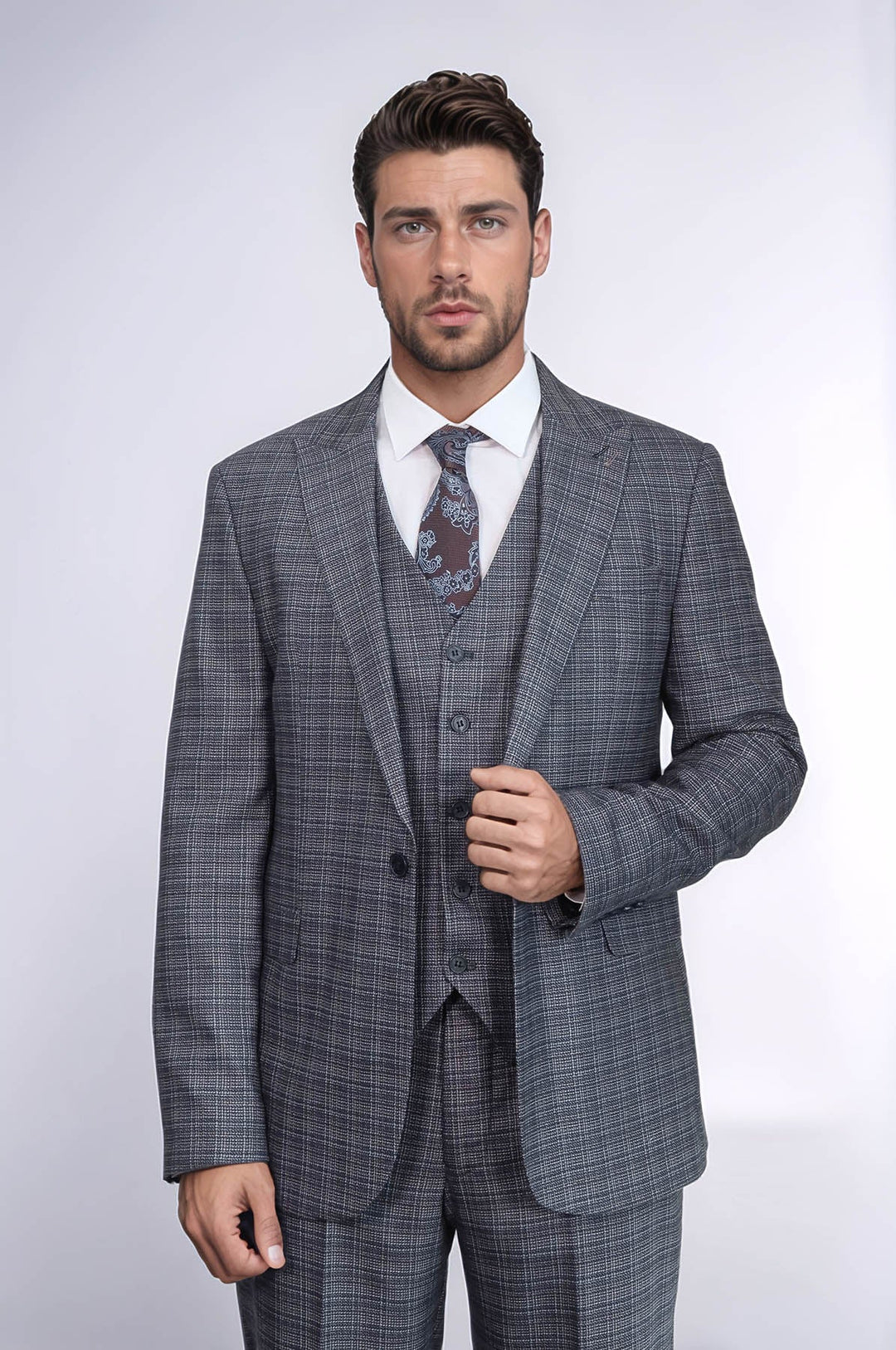 WSS Patterned Vested Slim-Fit Navy Blue Men Suit  - Monclova