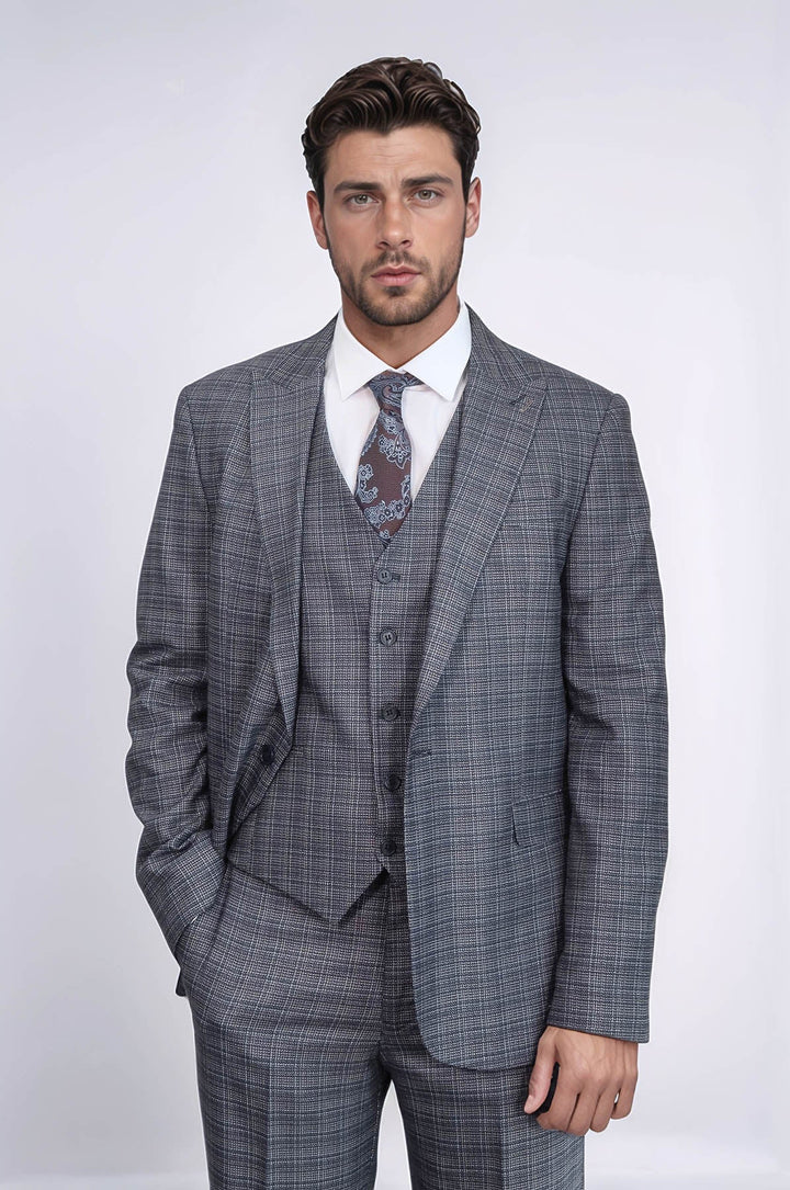 WSS Patterned Vested Slim-Fit Navy Blue Men Suit  - Monclova