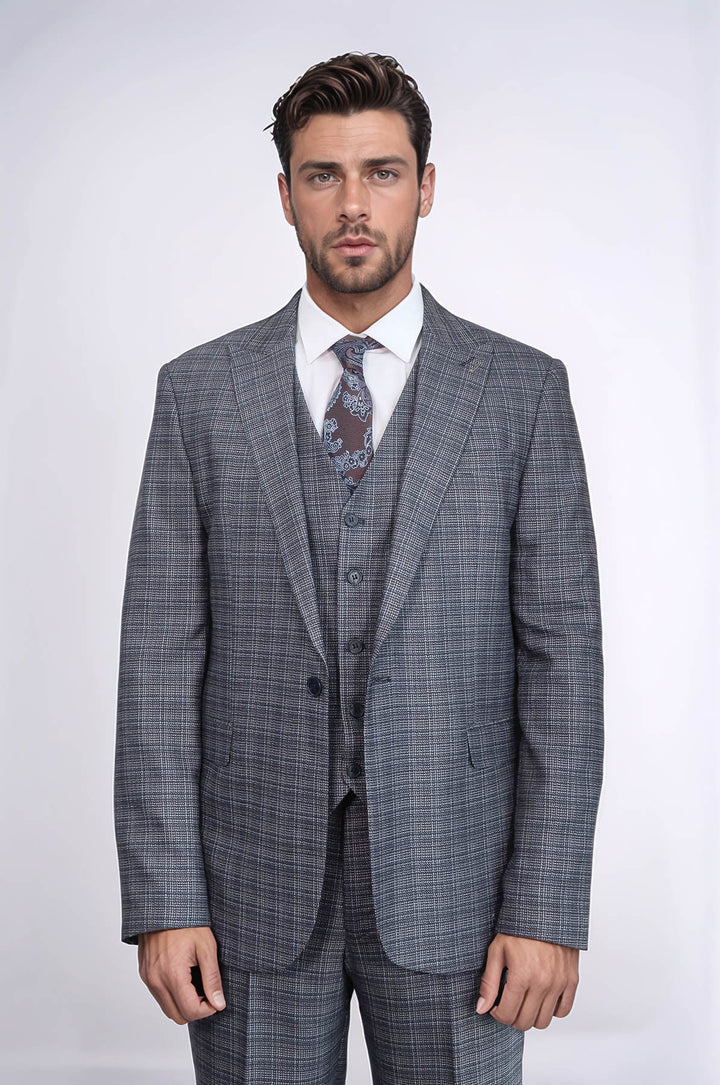 WSS Patterned Vested Slim-Fit Navy Blue Men Suit  - Monclova