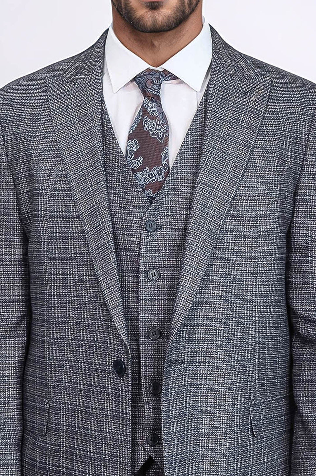 WSS Patterned Vested Slim-Fit Navy Blue Men Suit  - Monclova