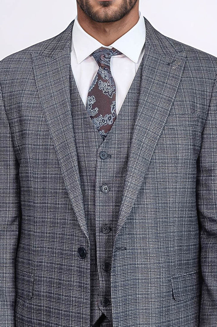 WSS Patterned Vested Slim-Fit Navy Blue Men Suit  - Monclova