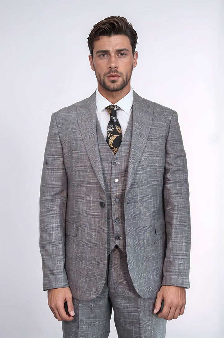 WSS Patterned Vested Slim-Fit Grey Men Suit  - Agrigento