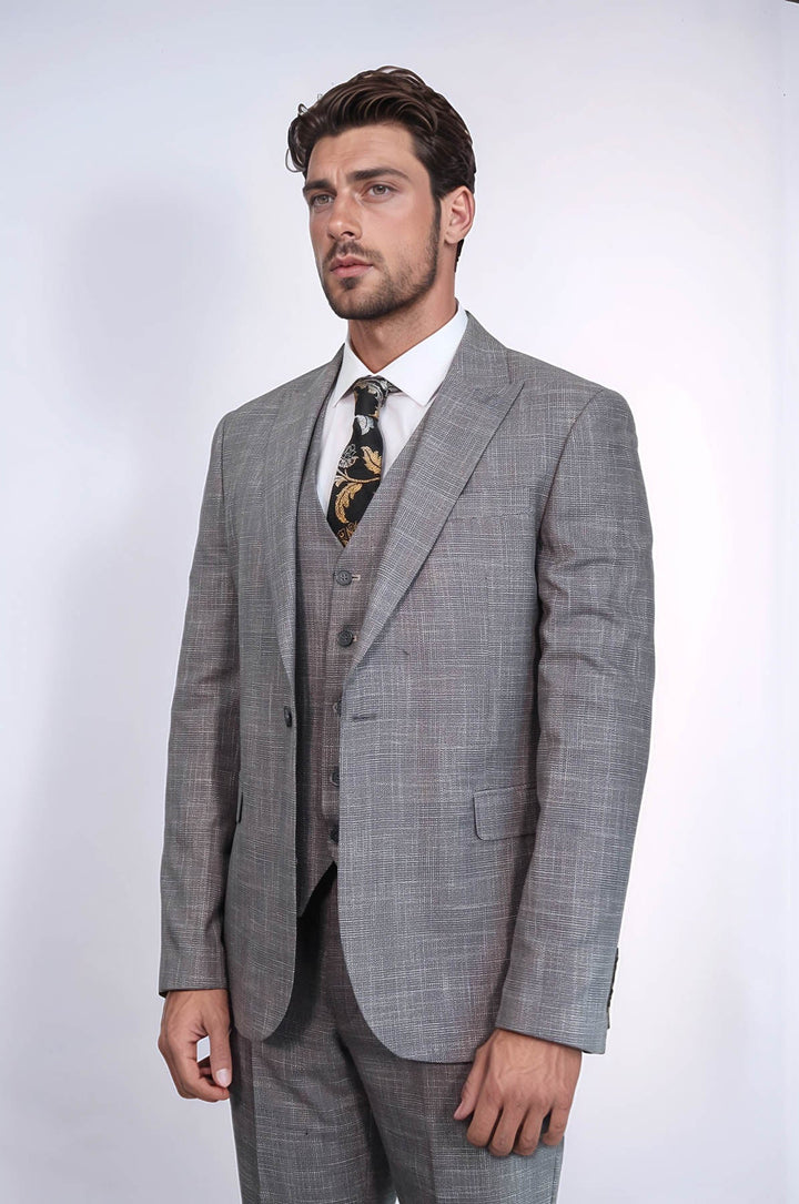 WSS Patterned Vested Slim-Fit Grey Men Suit  - Agrigento