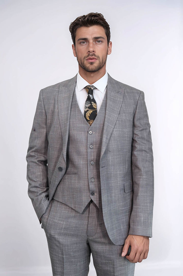 WSS Patterned Vested Slim-Fit Grey Men Suit  - Agrigento