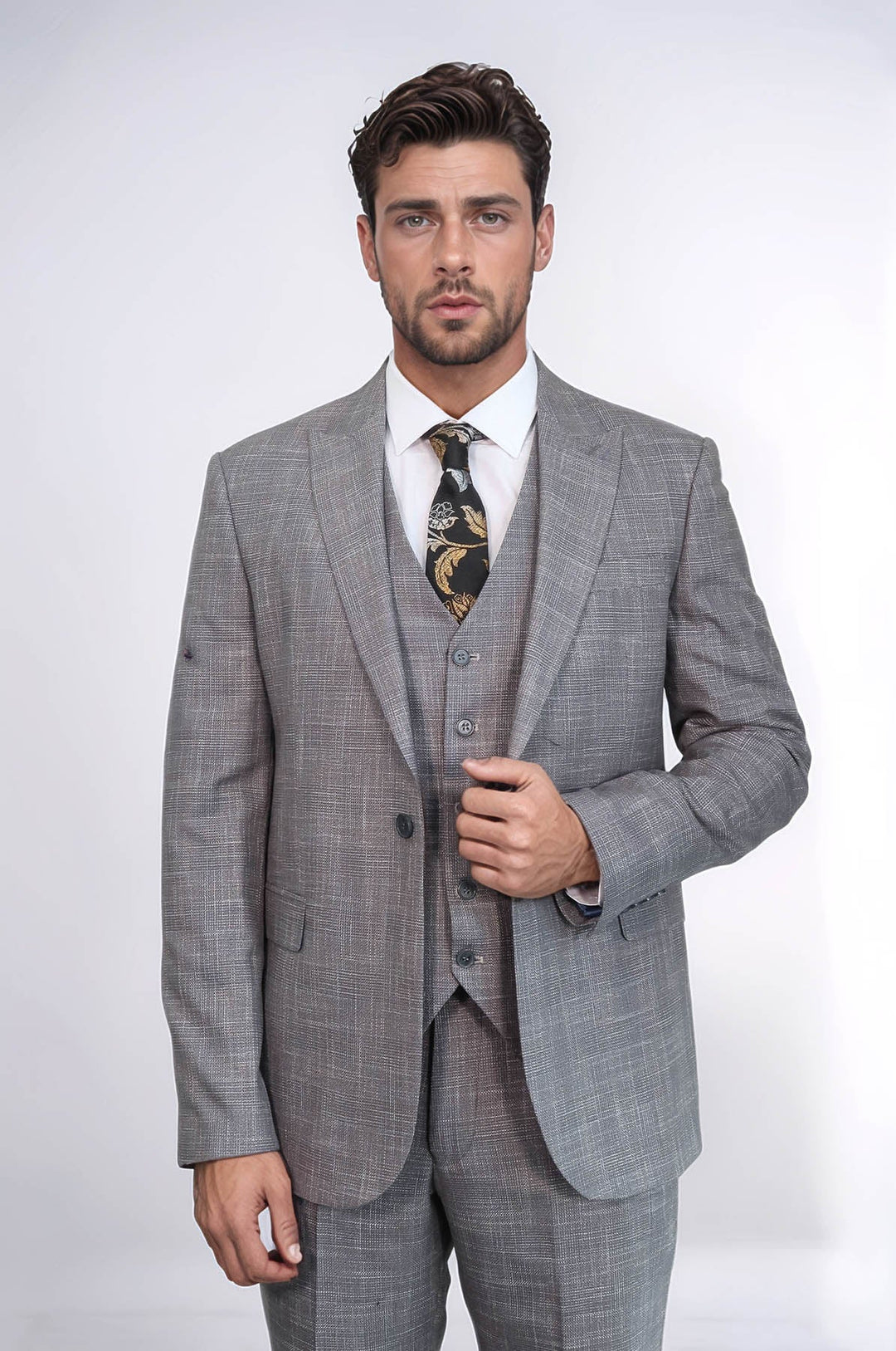 WSS Patterned Vested Slim-Fit Grey Men Suit  - Agrigento