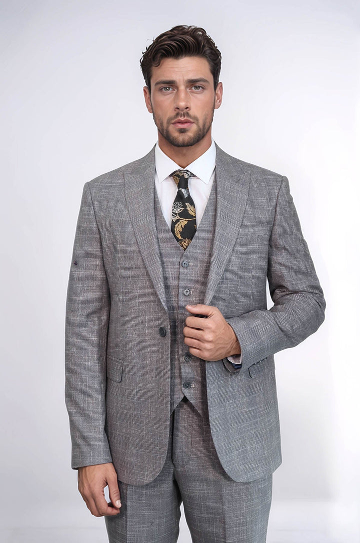 WSS Patterned Vested Slim-Fit Grey Men Suit  - Agrigento