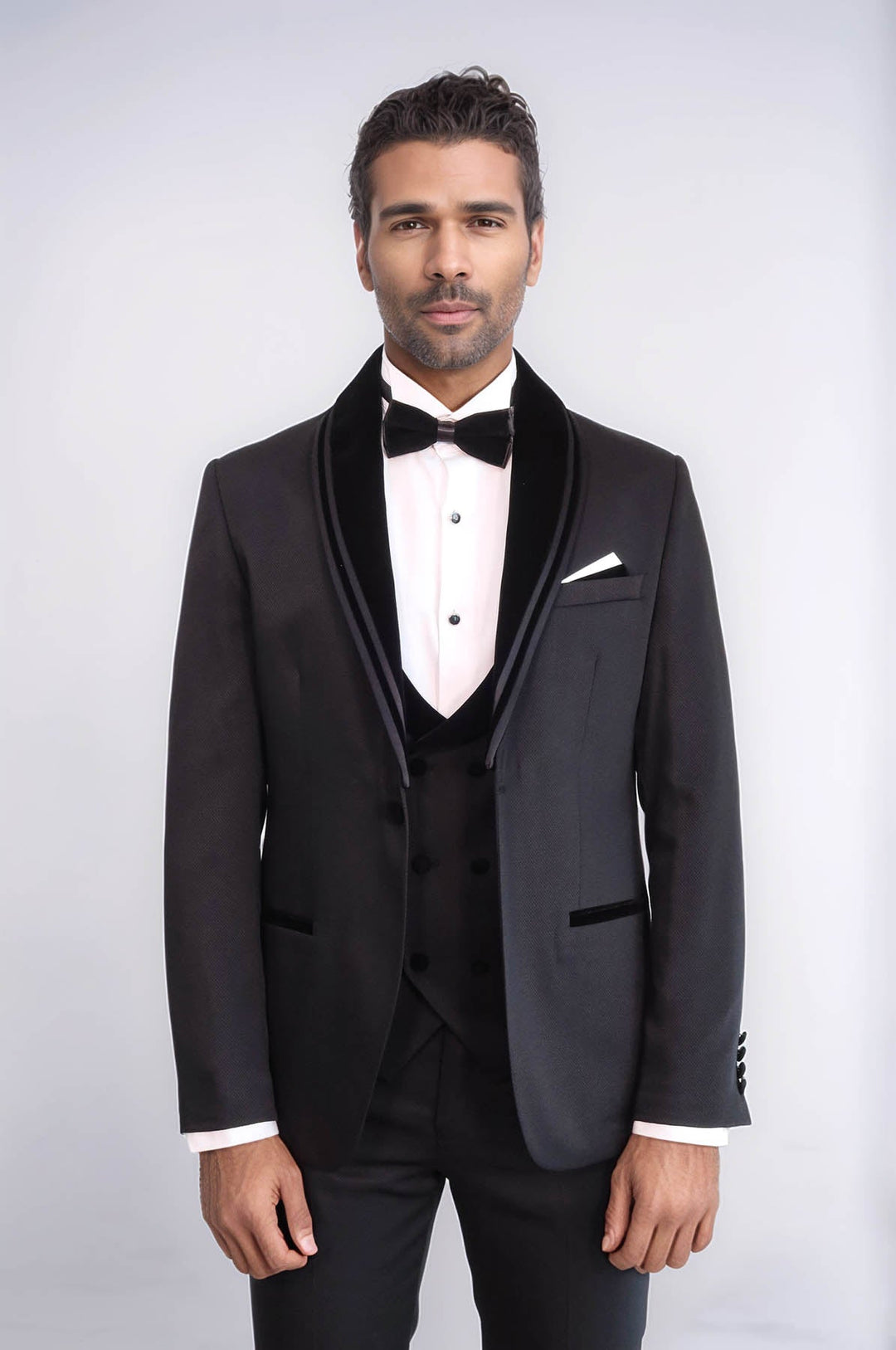 WSS 3 Piece Trim Detailed Self-Patterned Velvet Shawl Collar Black Men's Tuxedo  - Altrincham