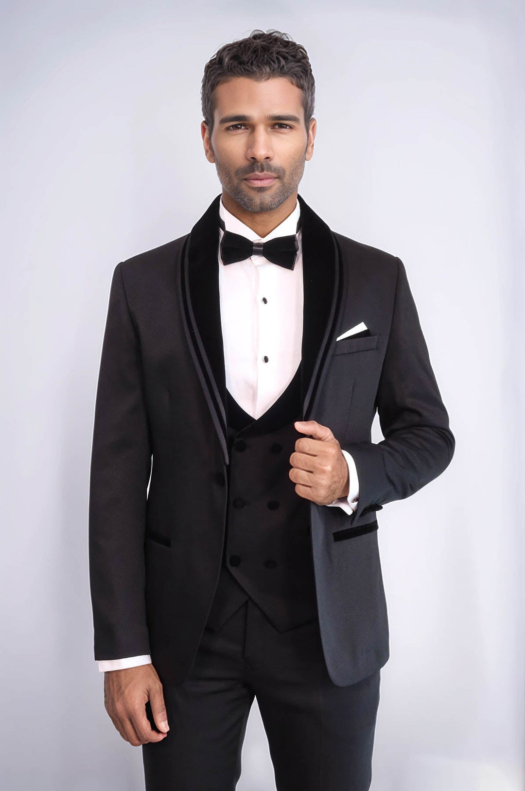 WSS 3 Piece Trim Detailed Self-Patterned Velvet Shawl Collar Black Men's Tuxedo  - Altrincham