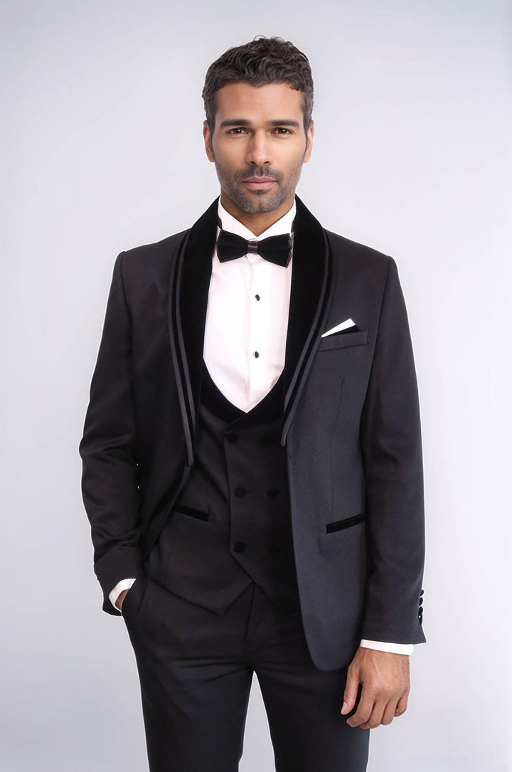 WSS 3 Piece Trim Detailed Self-Patterned Velvet Shawl Collar Black Men's Tuxedo  - Altrincham